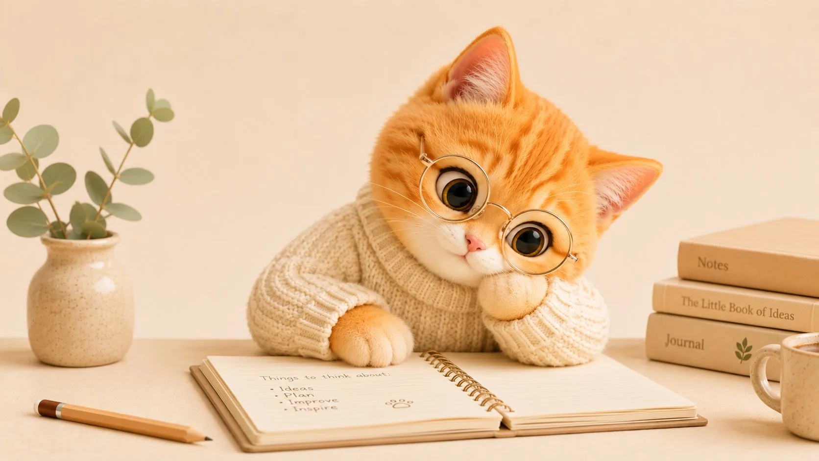 Cute orange cat in glasses writing a to-do list in a notebook