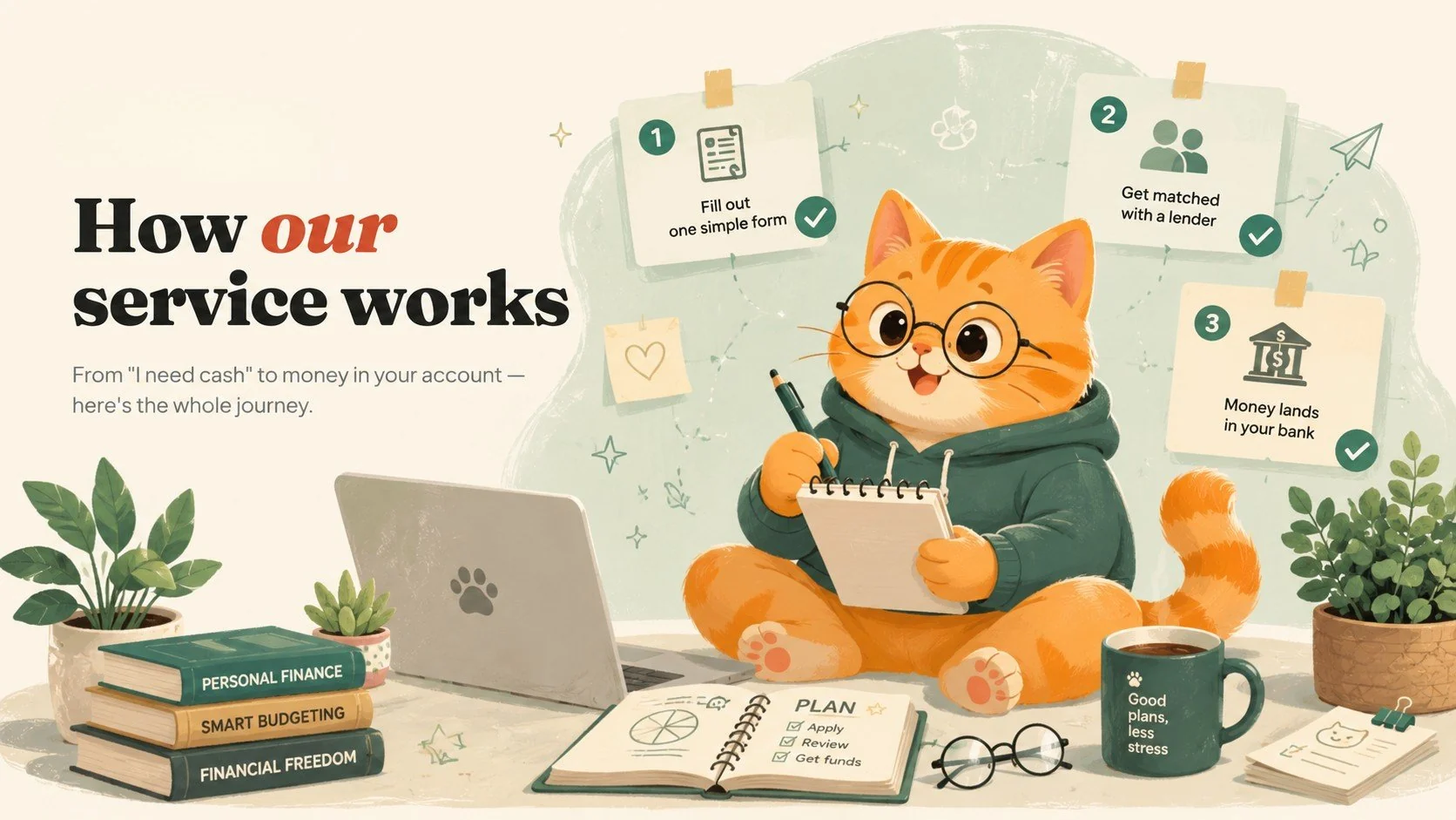 How our service works: fill out one form, get matched with a lender, and money lands in your bank
